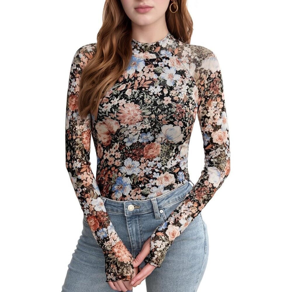 Women's Mesh Long Sleeve Top Sheer Lace Mockneck Layering Shirt for Fall